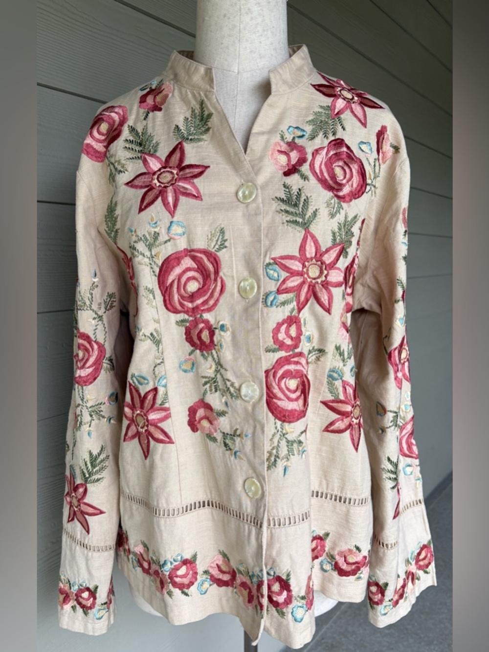 Vintage April Cornell Embroidered Floral Jacket Size L 100% Cotton Boho